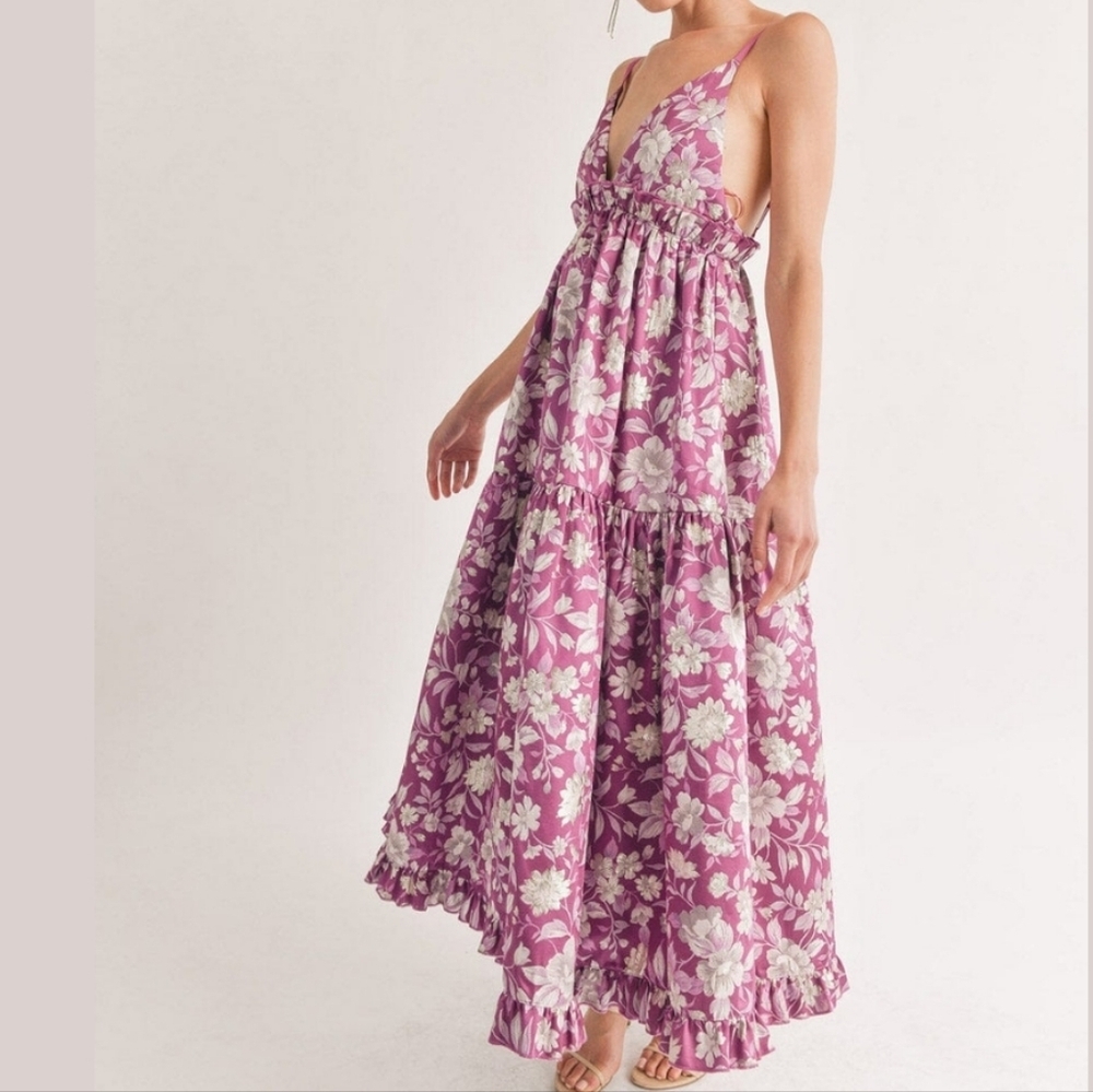 Klesis Floral Maxi Sundress, Plum/Berry Boho Tiered Ruffle Dress, Open Low-Back‎